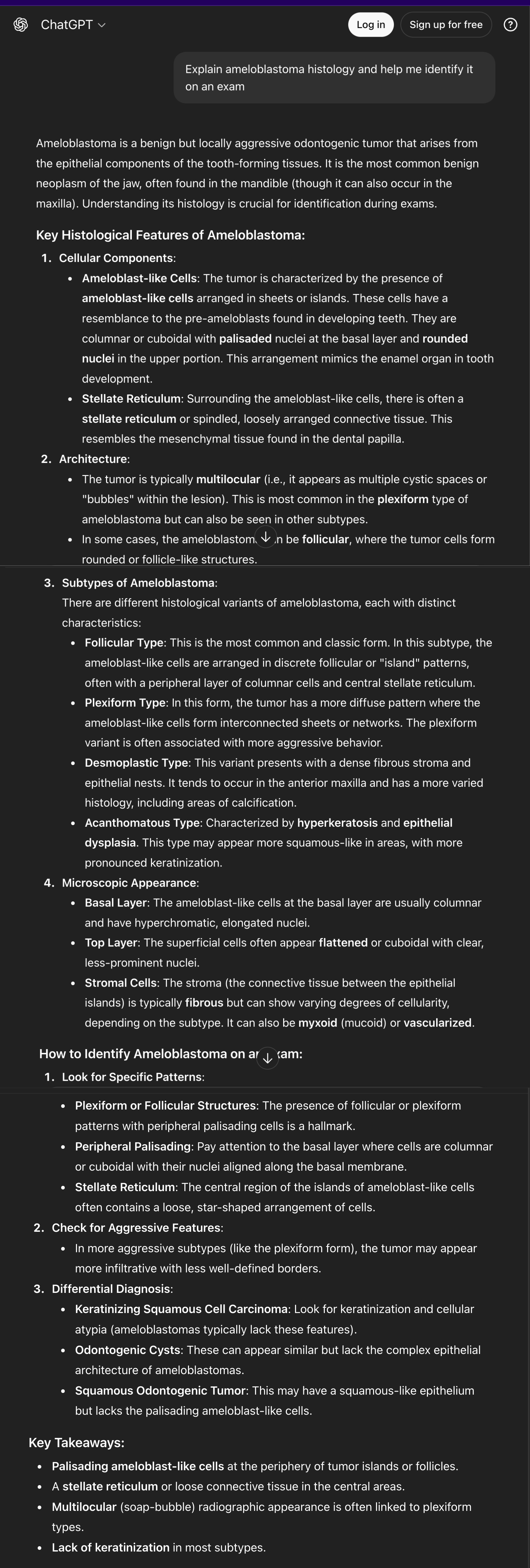ChatGPT text-only response about ameloblastoma