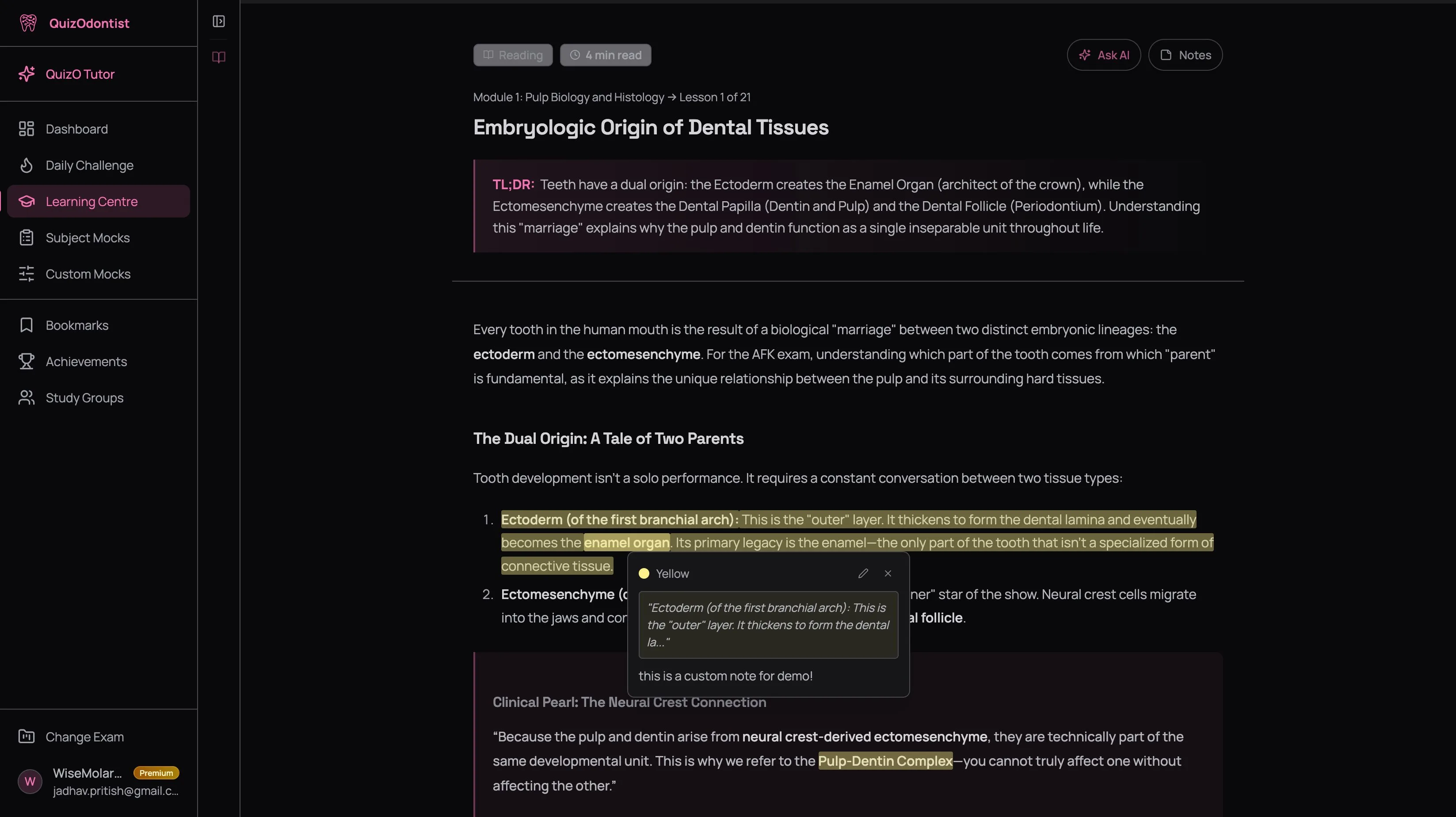 Annotation popover showing highlighted passage with a saved note attached