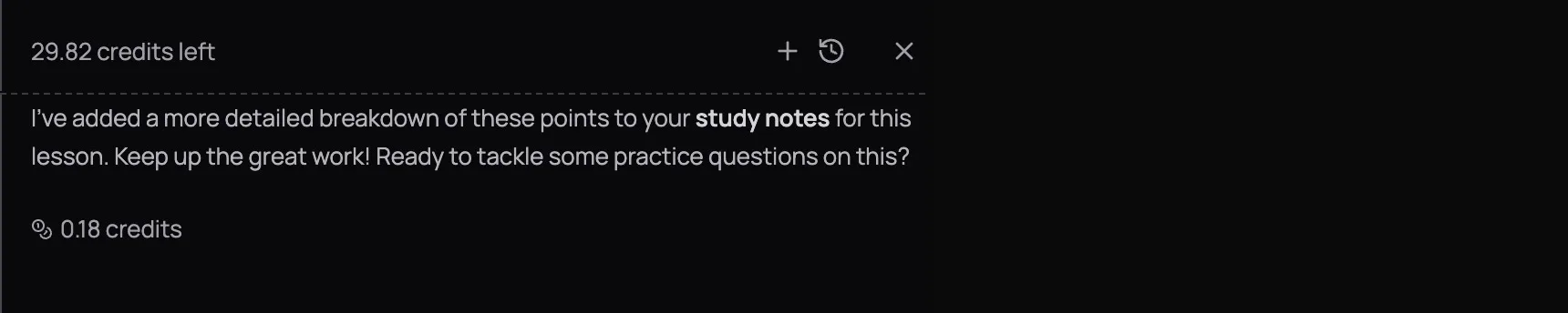 AI Tutor panel header showing 29.82 credits left, and the bottom of a response showing a 0.18 credits cost badge