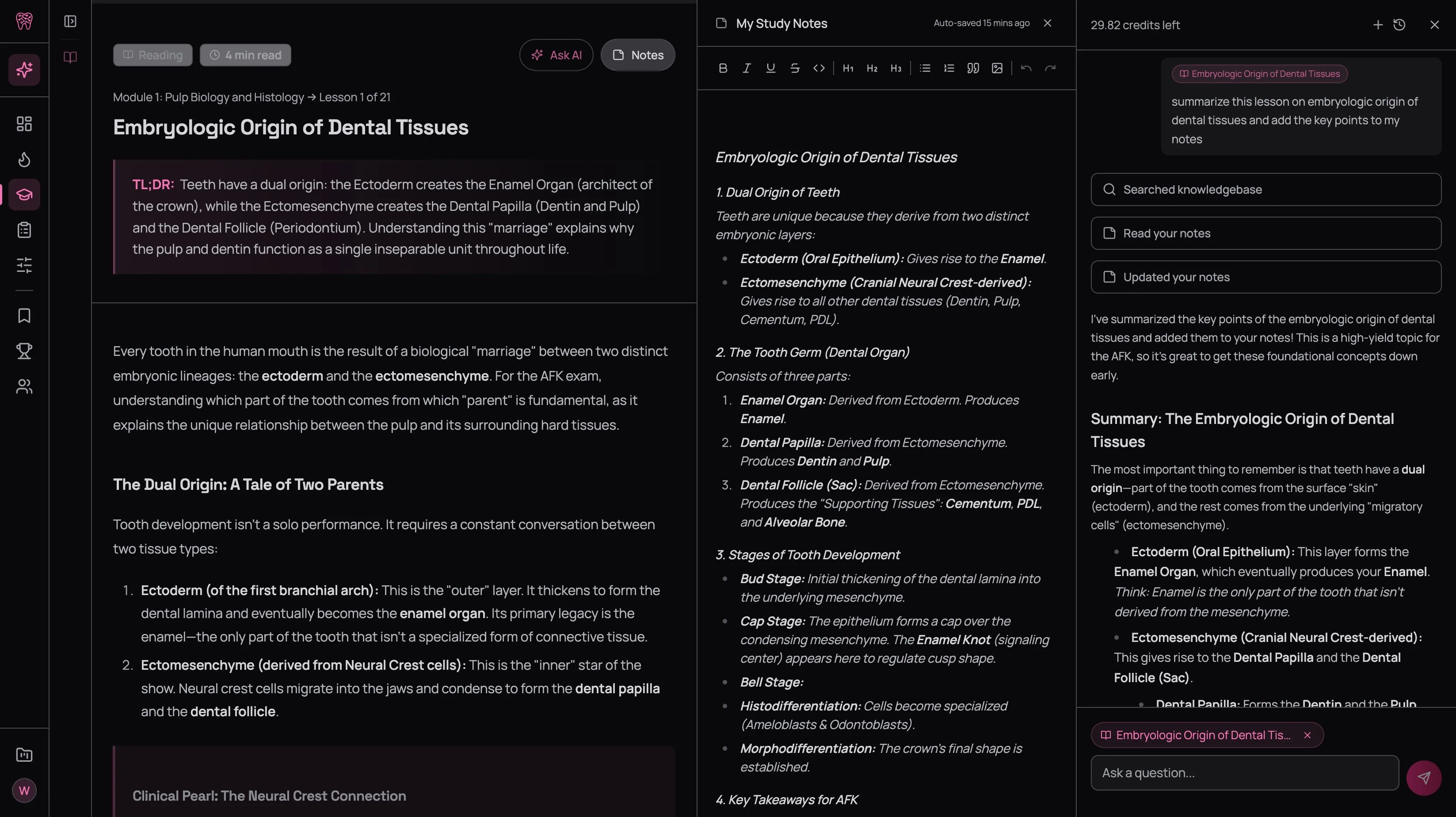 Three-panel view: reading content, AI-generated notes in the editor, and the AI tutor chat showing the prompt and structured summary