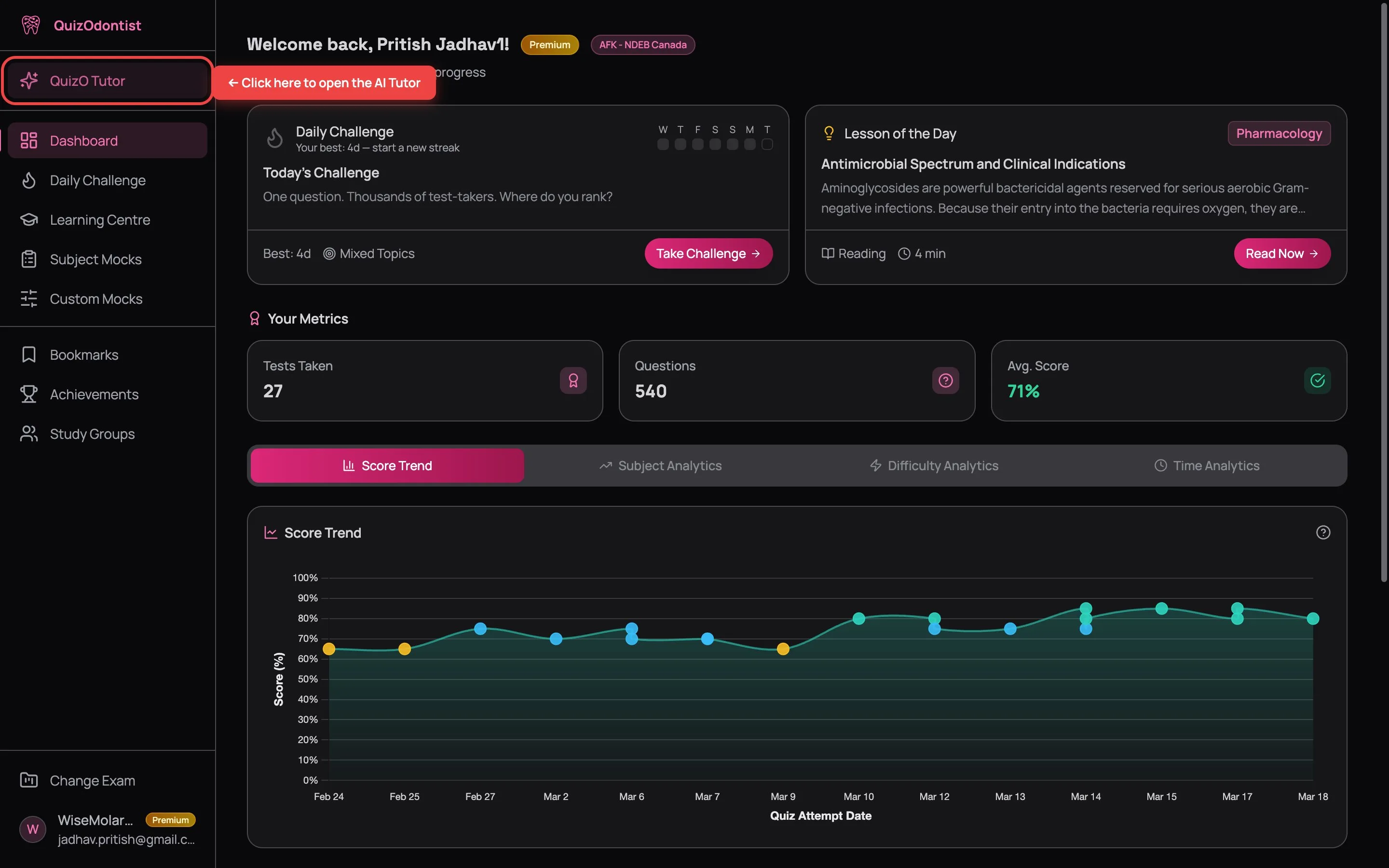 Dashboard with expanded sidebar showing QuizO Tutor button highlighted with a red outline at the top of the navigation, with an annotation label pointing to it