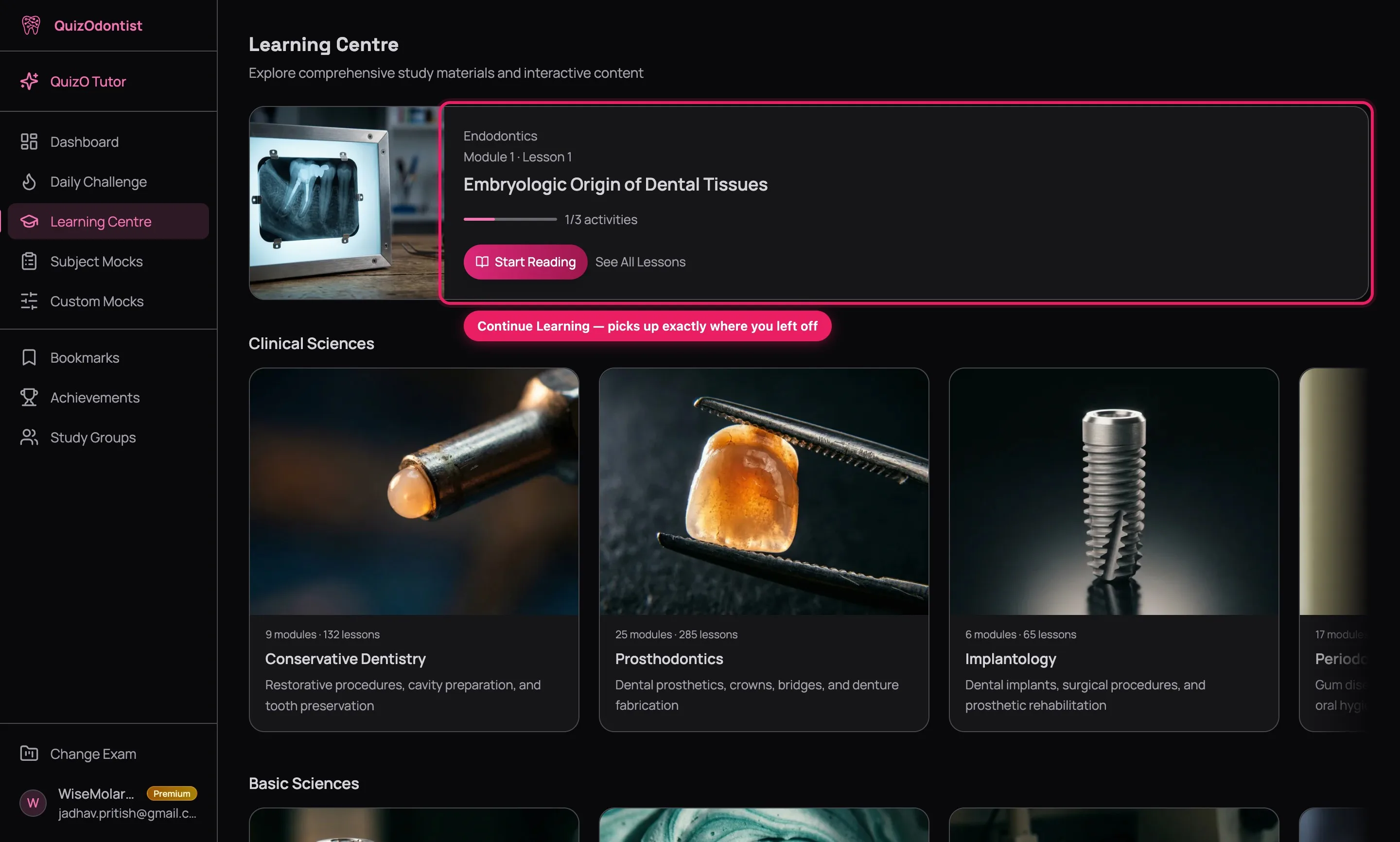 Continue Learning card at the top of the Learning Centre showing the last active subject, current lesson title, and a Start Reading button to resume immediately