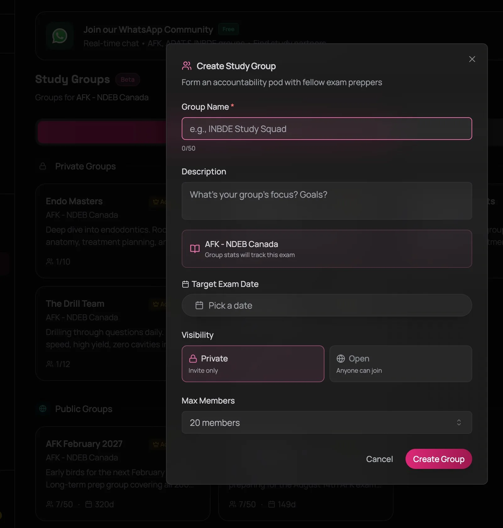 Create Study Group dialog showing fields for Group Name, Description, exam type (AFK - NDEB Canada), Target Exam Date picker, Visibility toggle between Private (Invite only) and Open (Anyone can join), and Max Members dropdown set to 20 members, with Cancel and Create Group buttons