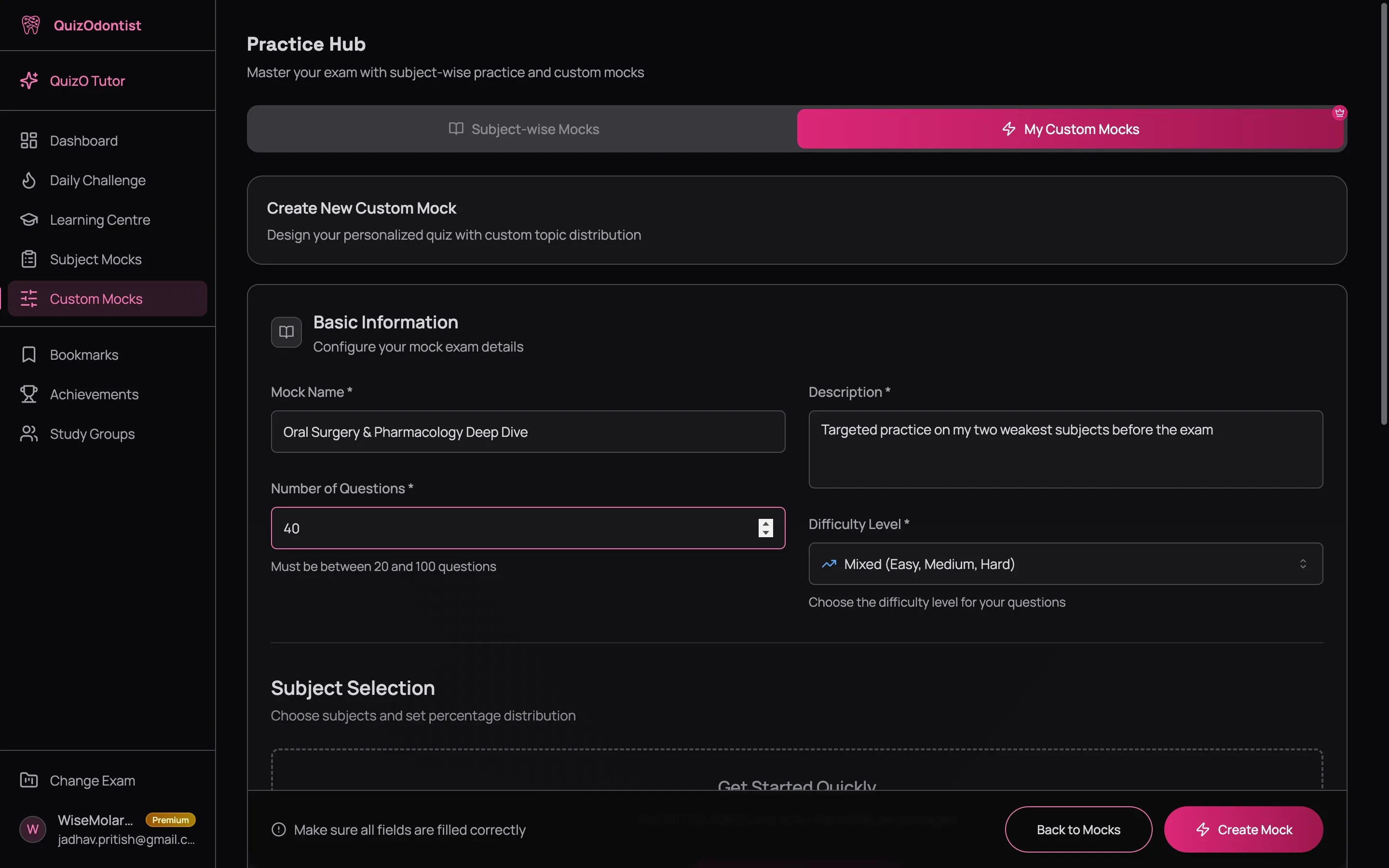Custom Mock Builder showing Basic Information section with Mock Name field filled as Oral Surgery and Pharmacology Deep Dive, Number of Questions set to 40, Description field, and Difficulty Level dropdown set to Mixed