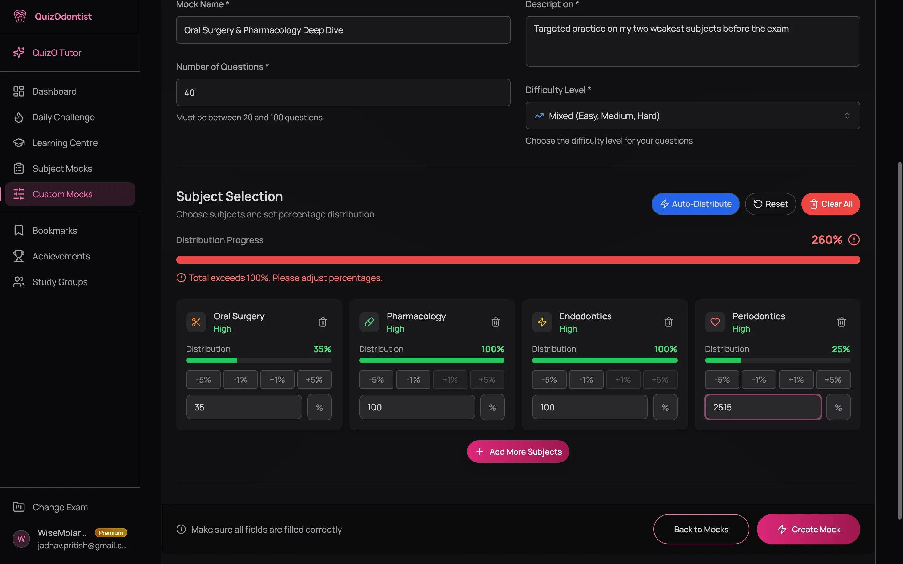 Subject distribution cards showing Oral Surgery at 35%, Pharmacology at 35%, Endodontics at 15%, Periodontics at 15%, with Distribution Progress at 100% showing Perfect status in green, plus Add More Subjects button