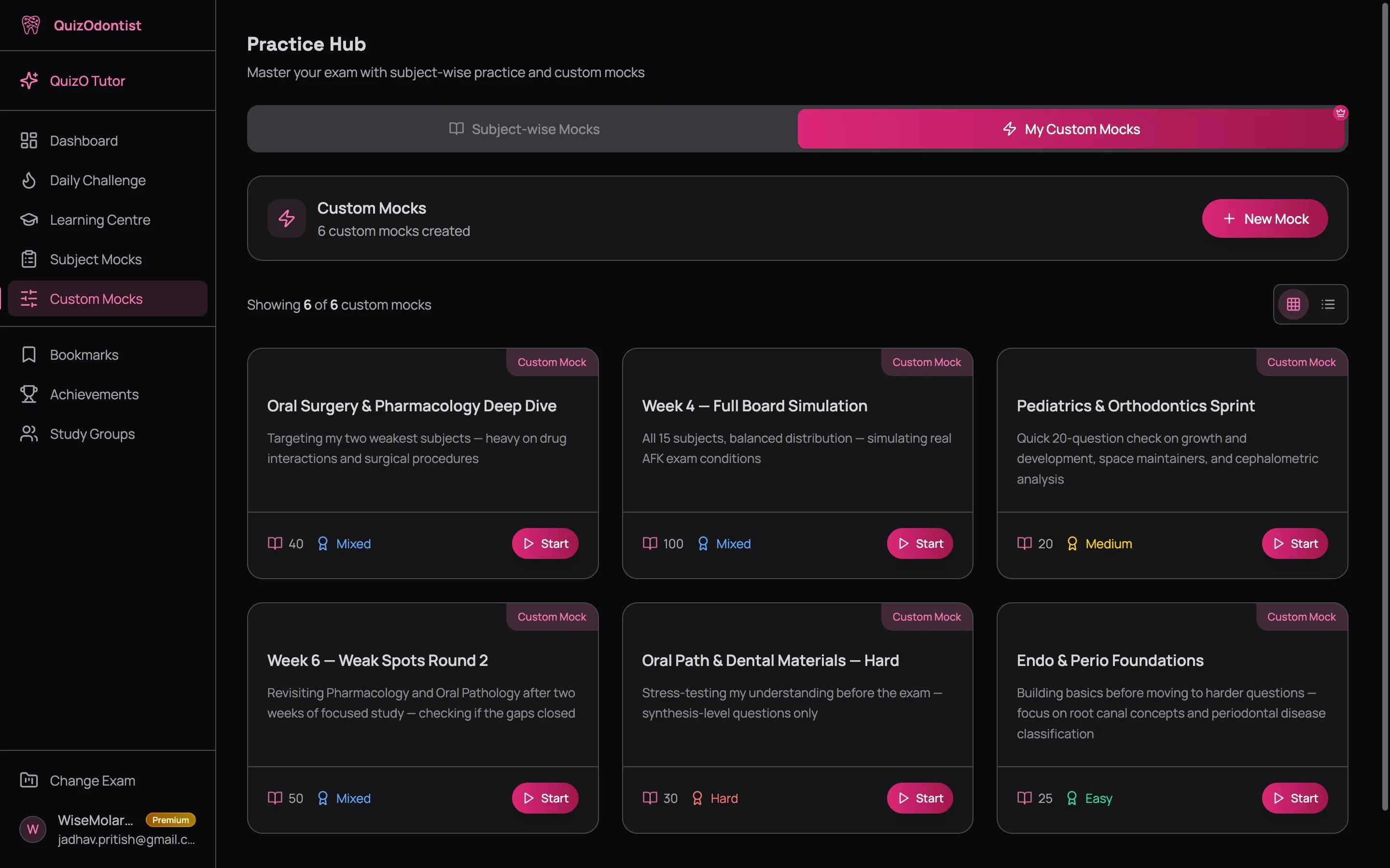 My Custom Mocks tab showing 6 custom mocks in a grid with New Mock button, each card displaying mock name, description, question count, difficulty level, and Start button