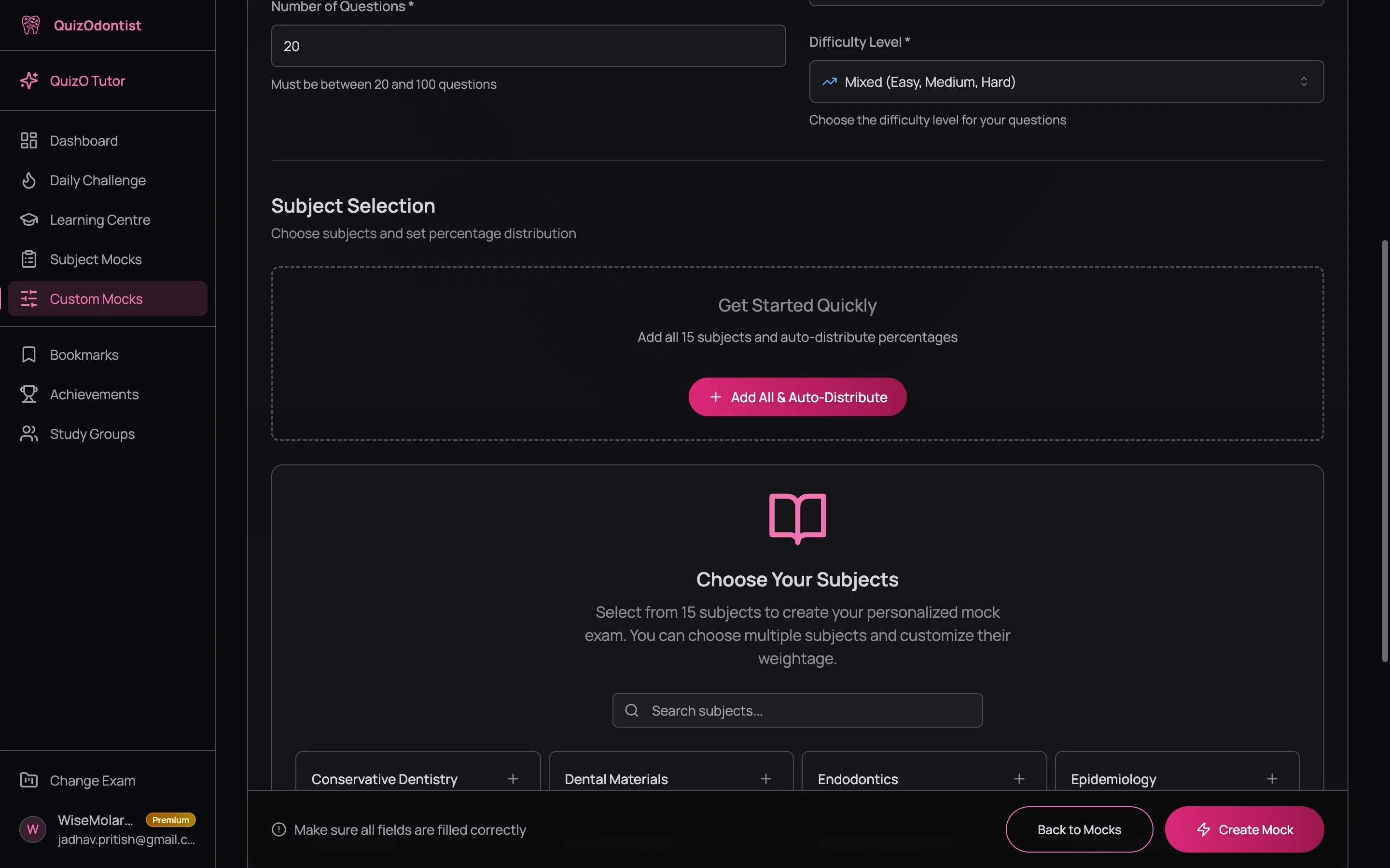 Subject Selection section showing Choose Your Subjects heading with 15 subject buttons in a grid including Conservative Dentistry, Dental Materials, Endodontics, Epidemiology, and more, plus an Add All and Auto-Distribute button