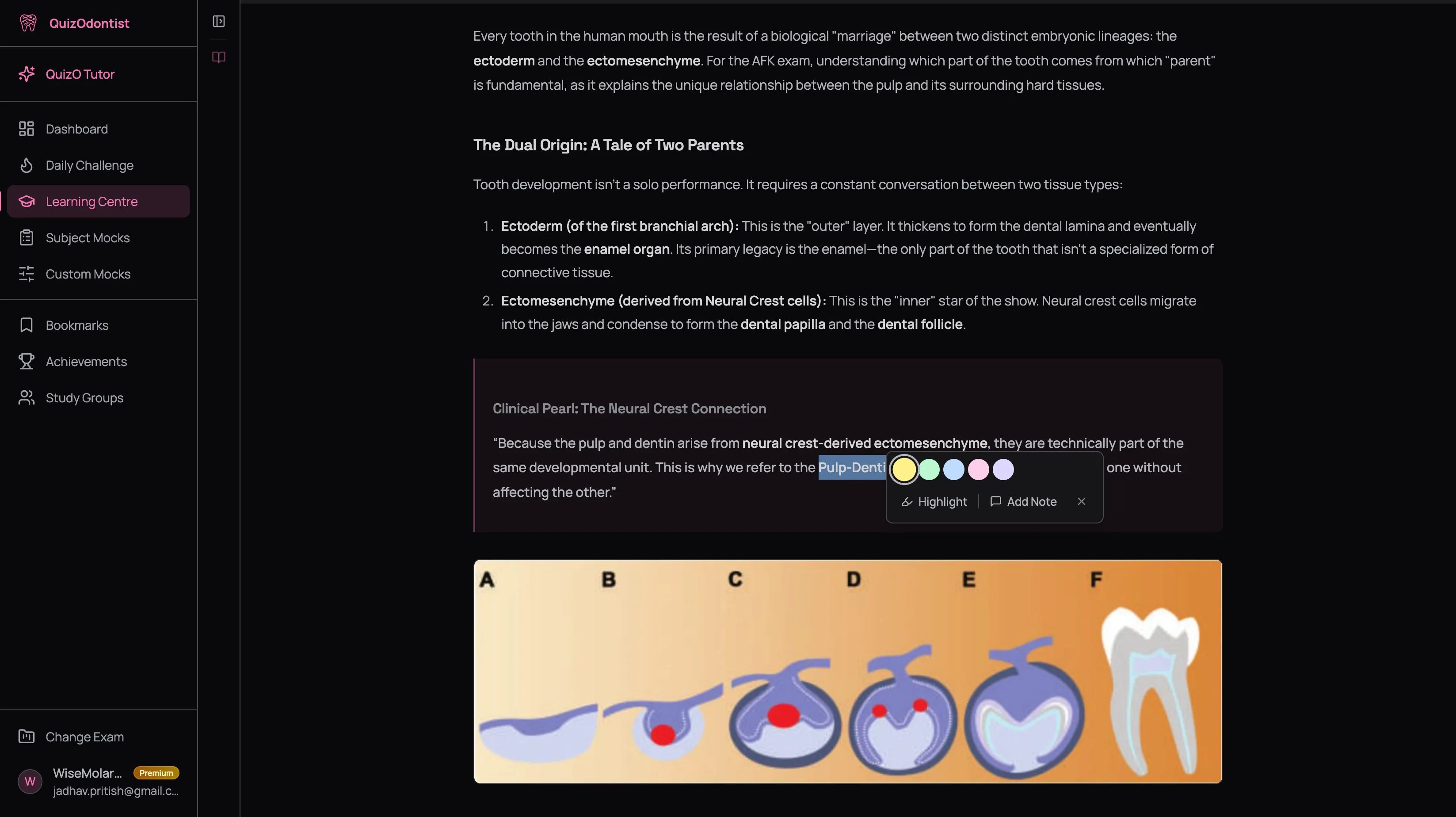 Text selected with highlight popup showing color options and Highlight and Add Note buttons