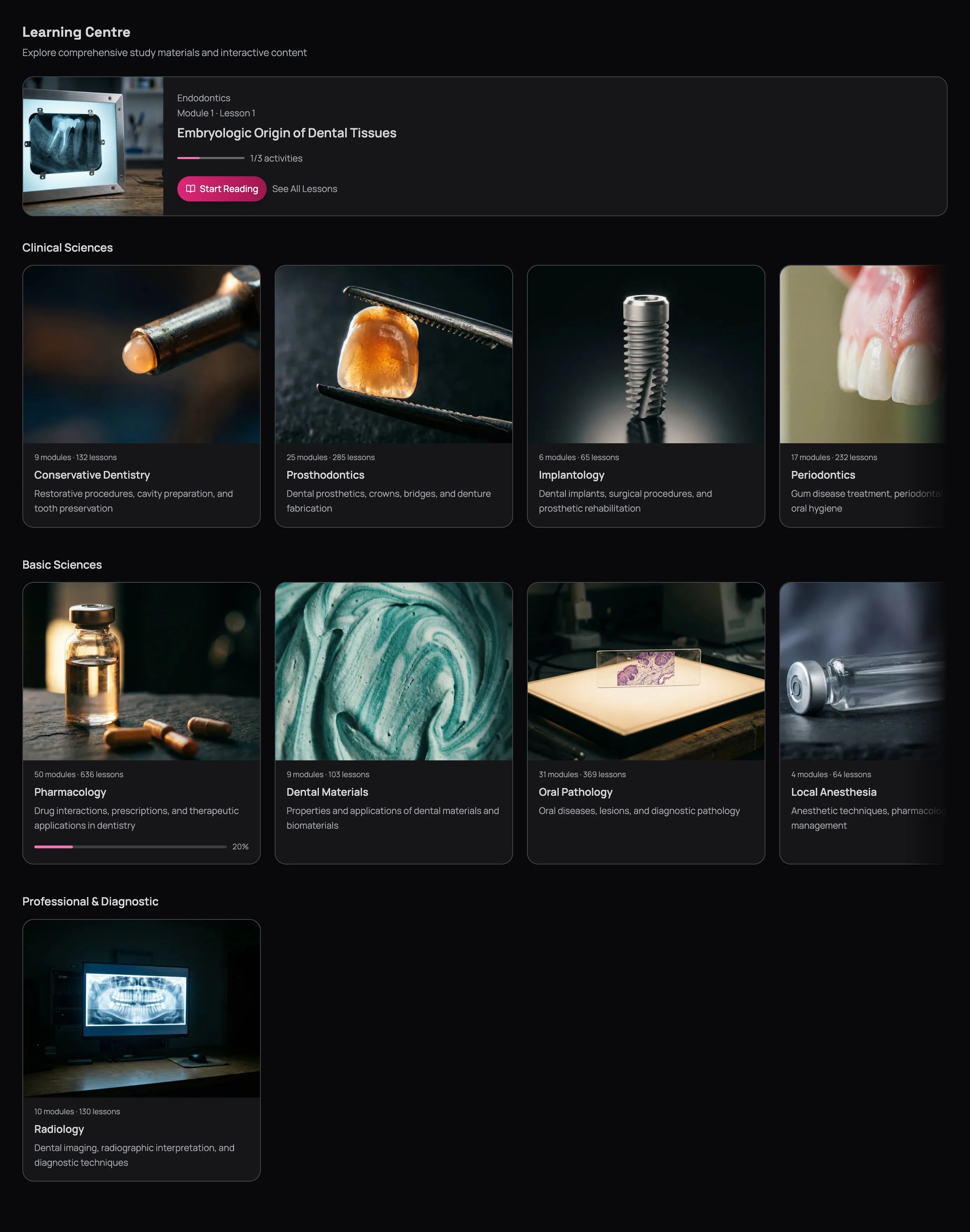 Learning Centre showing subject cards in three categories — Clinical Sciences with Prosthodontics, Periodontics, and Endodontics visible, Basic Sciences with Anatomy and Pharmacology, and Professional & Diagnostic with Ethics and Radiology — each card showing a progress bar, lesson count, and module count
