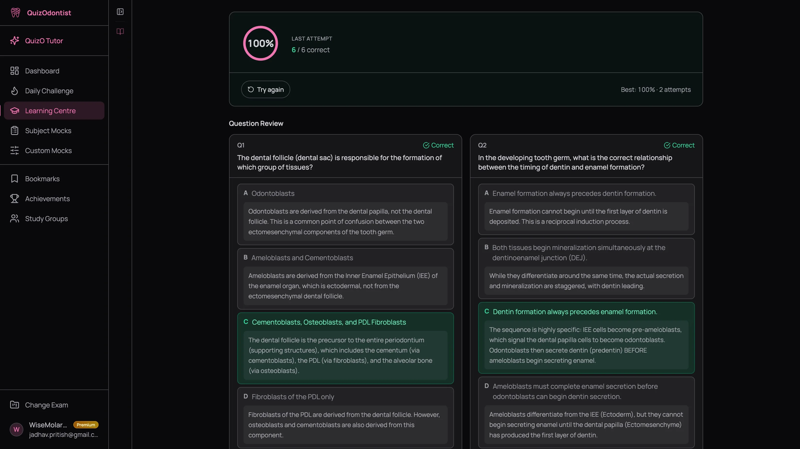 Quiz results showing 100% score with Question Review — each question displays all four options with detailed explanations for correct and incorrect answers