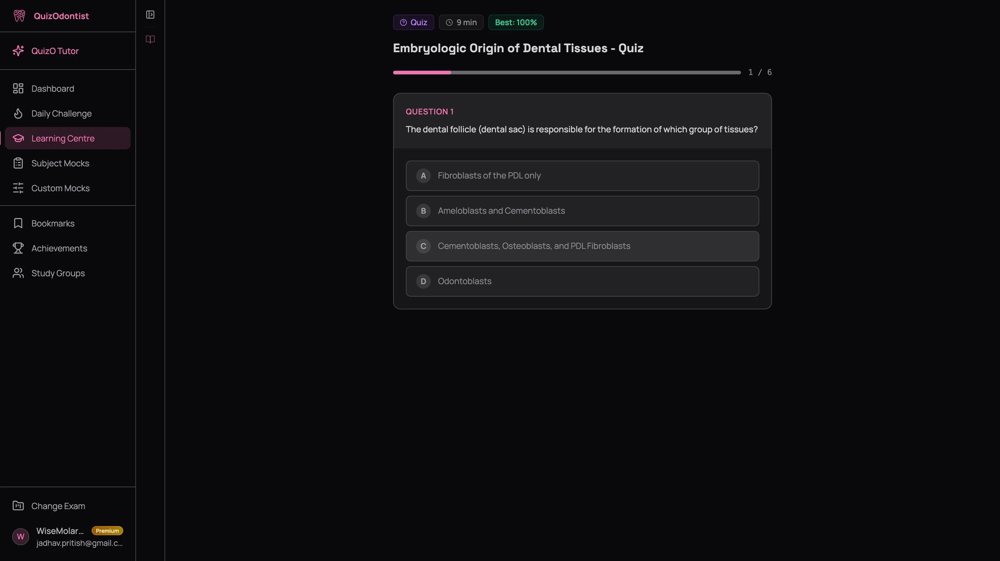 Pop quiz showing Question 1 with four answer options labeled A through D, progress bar showing 1 of 6