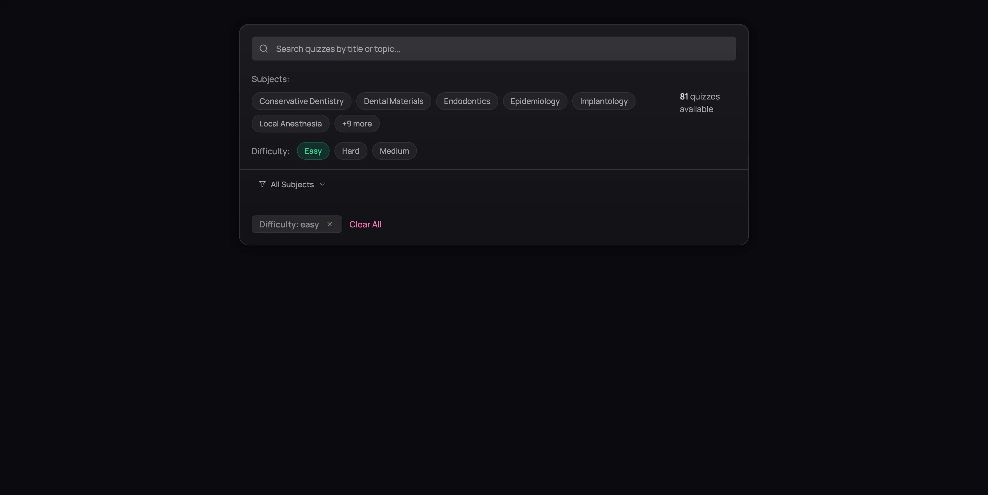 Cropped view of the filter controls showing search bar, subject chips, Easy difficulty selected with green highlight, and active filter chip reading Difficulty: easy