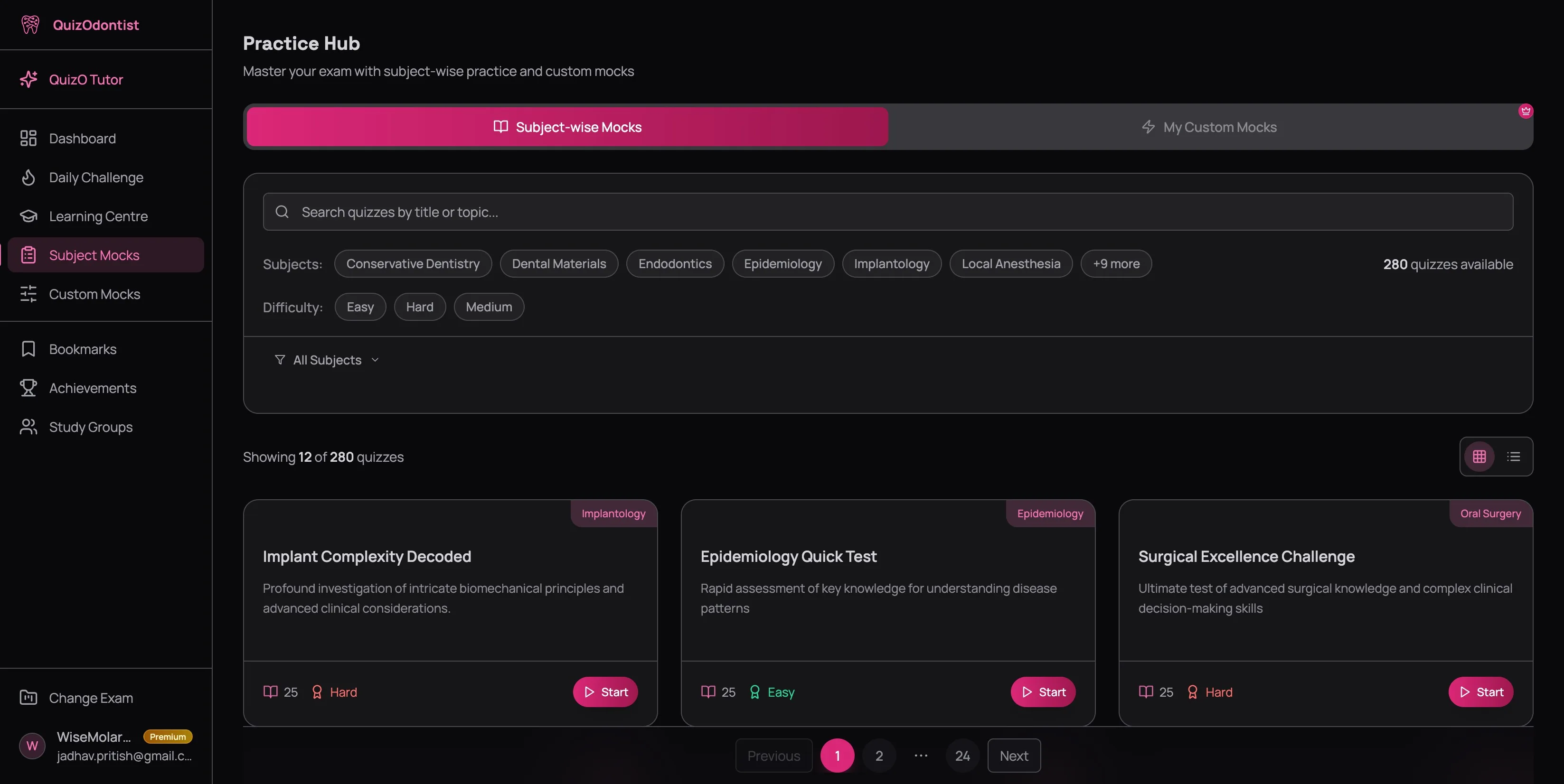 Practice Hub showing search bar, subject filter chips, difficulty filters, and quiz cards in a grid with subject badges and difficulty labels