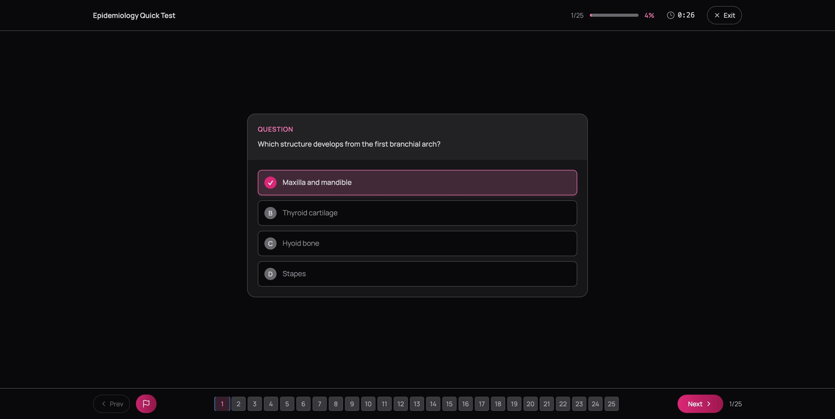 Quiz question with option A selected and highlighted in pink with checkmark, flag button in bottom bar, question grid showing mixed states — answered, flagged, and untouched questions