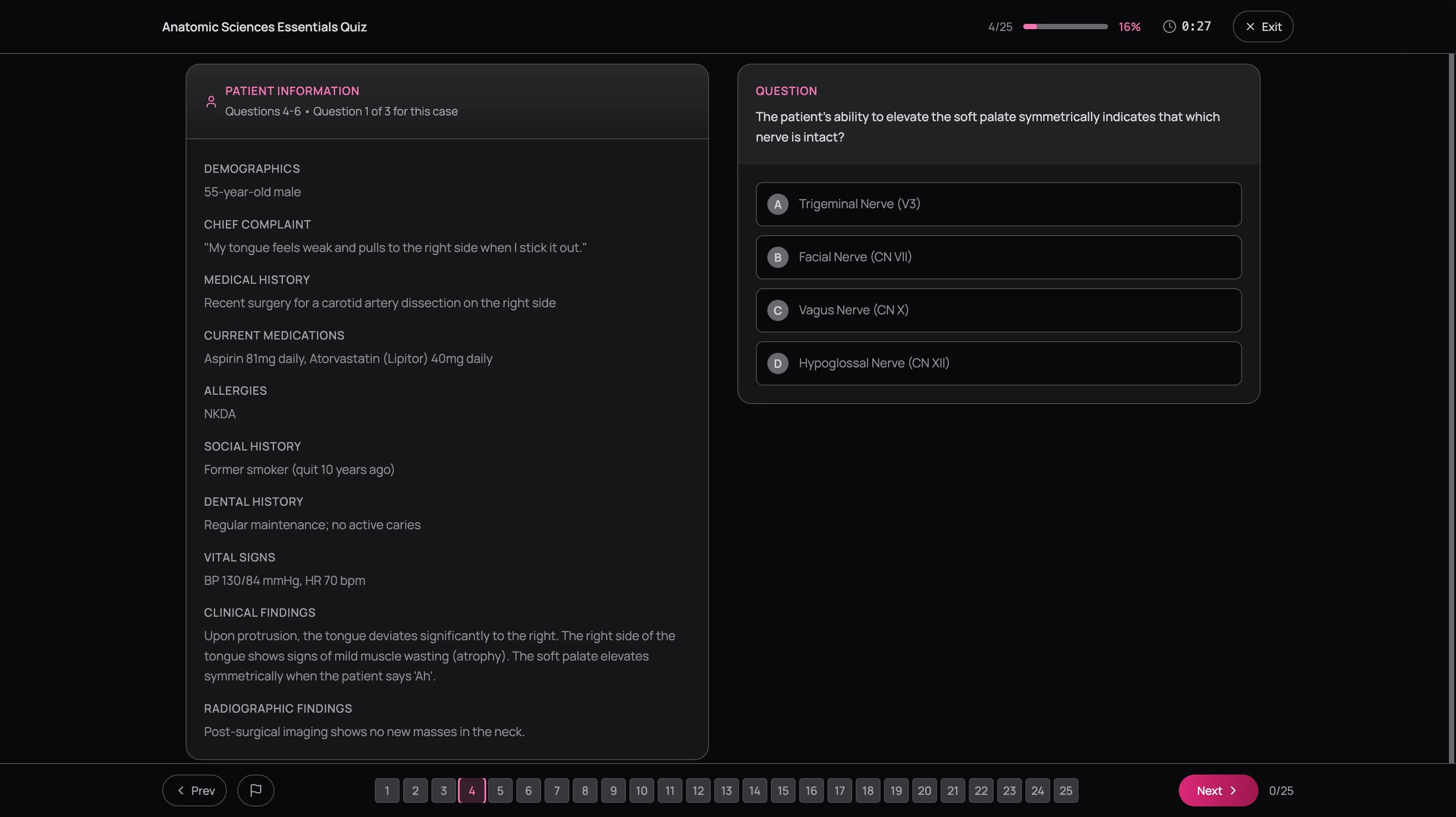 Case scenario layout with patient information panel on the left showing demographics, chief complaint, medical history, medications, allergies, clinical findings, and radiographic findings — question and answer options on the right