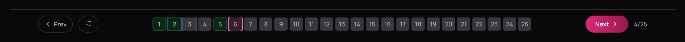 Question grid showing mixed states — Q1 and Q5 answered in green, Q2 answered and flagged with green background and blue ring, Q3 flagged only with blue ring, Q4 untouched in dark, Q6 current with accent ring