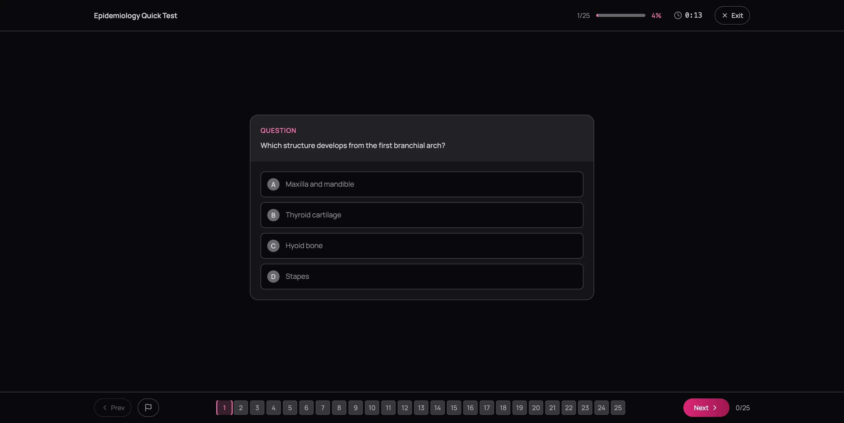 Quiz interface showing question stem with four answer options A through D, timer counting up, progress bar at 1/25, and numbered question grid along the bottom