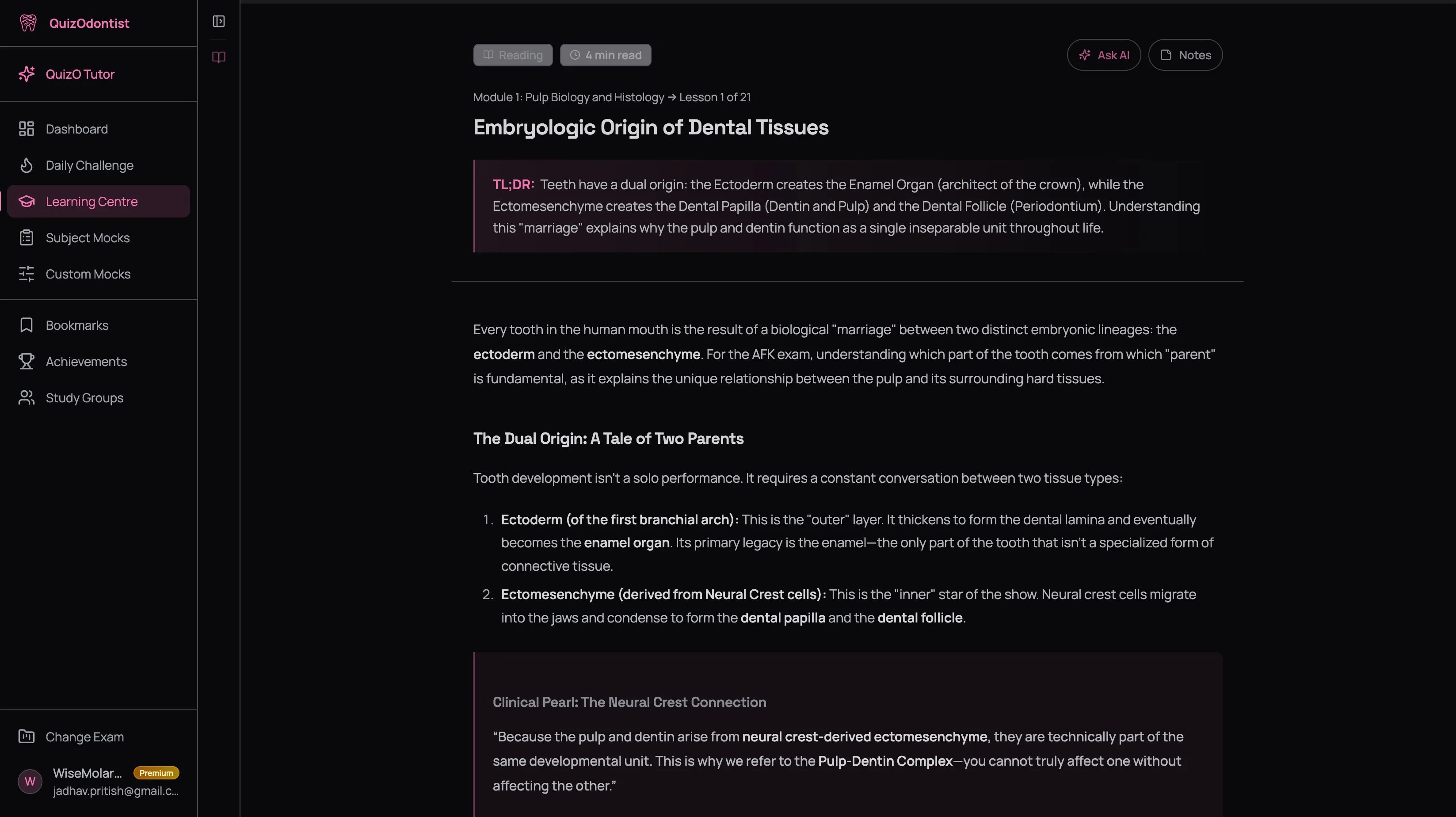 Distraction-free reading view showing lesson title, TL;DR summary, key terms in bold, and clinical pearl