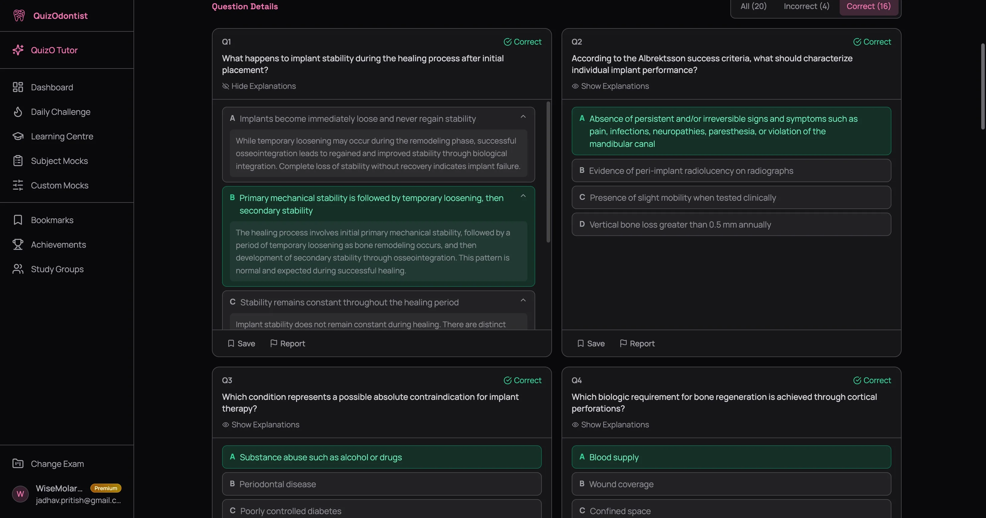 Correct tab showing Q1 with all explanations expanded — correct answer B in green with full explanation, wrong options A, C, D each with explanations showing why they're wrong