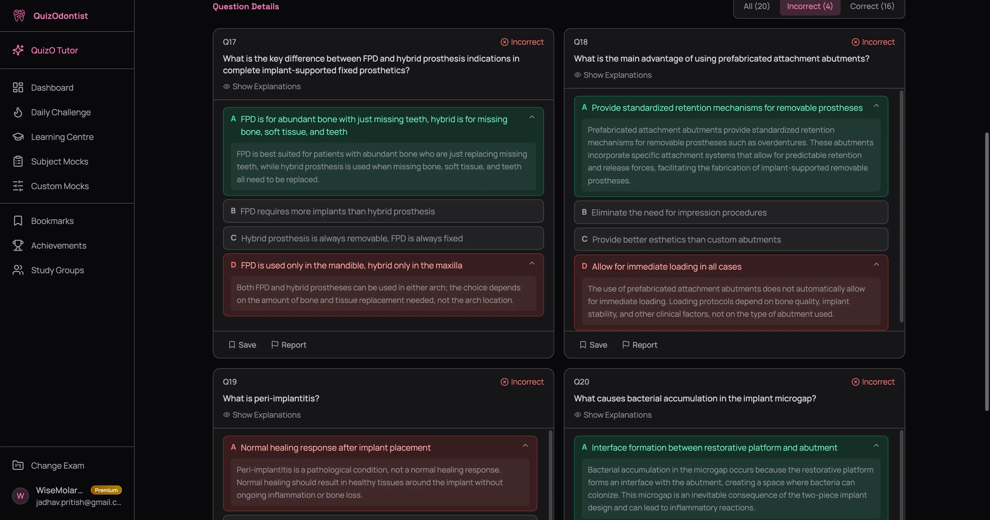 Incorrect tab selected showing four wrong questions with explanations auto-expanded — correct answer highlighted in green with its explanation, user's wrong answer highlighted in red with its explanation