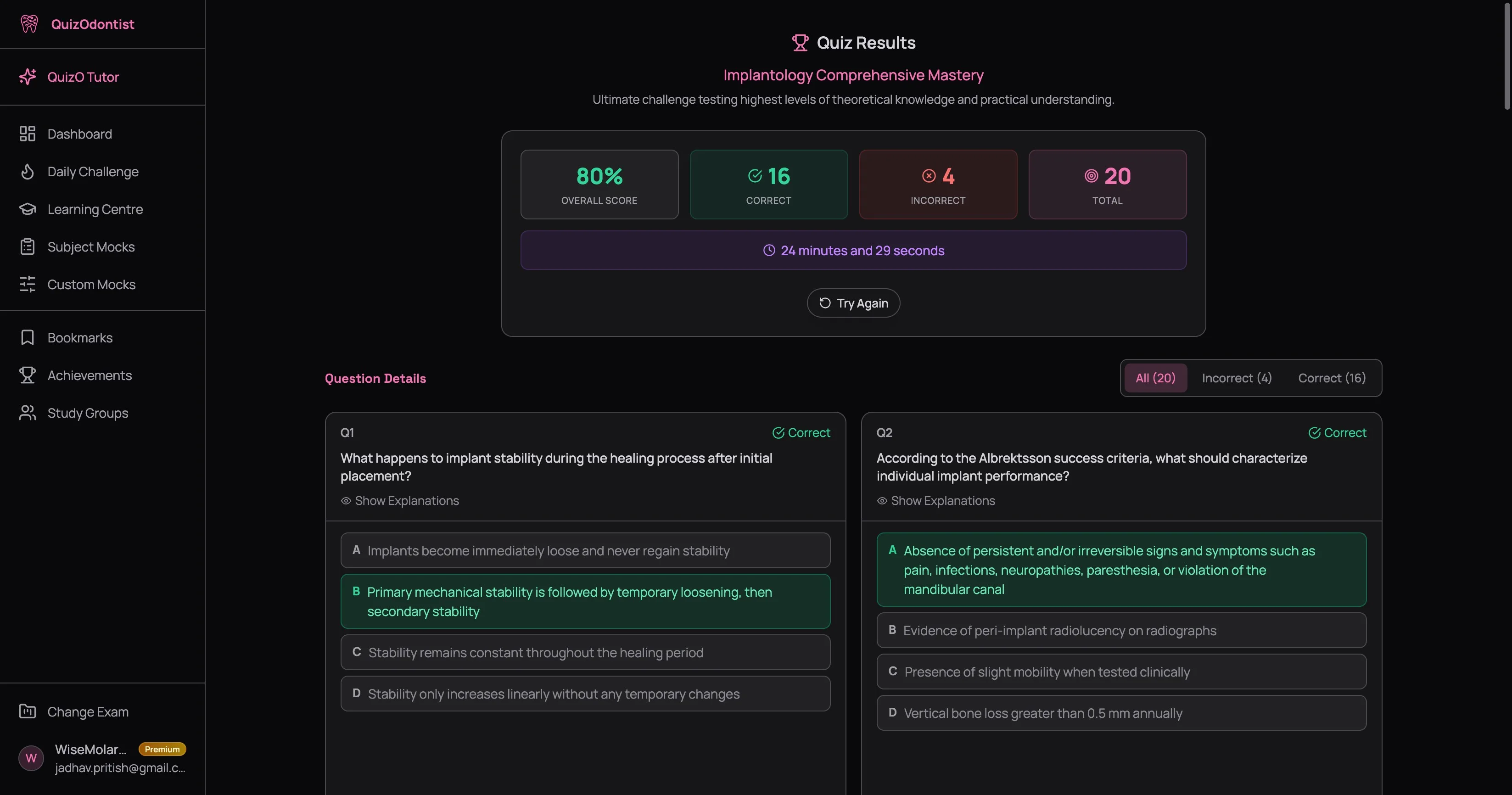 Quiz results page showing 80% overall score, 16 correct, 4 incorrect, 20 total questions, time taken of 24 minutes and 29 seconds, Try Again button, and Question Details section with filter tabs