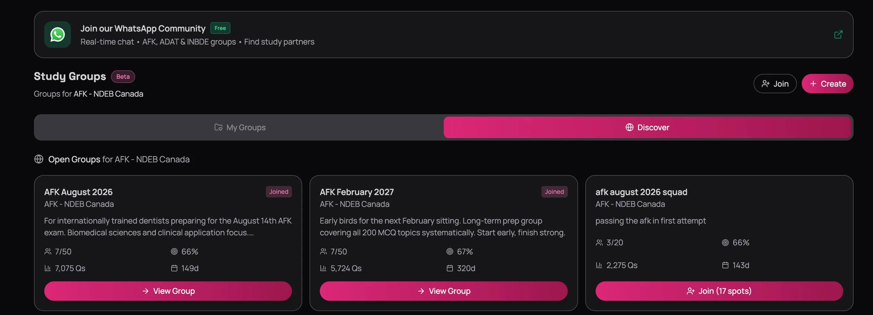 Discover tab showing three open AFK groups — AFK August 2026 (Joined, 7/50 members, 66% accuracy, 7075 questions), AFK February 2027 (Joined, 7/50 members, 67% accuracy), and afk august 2026 squad (3/20 members, Join button with 17 spots)
