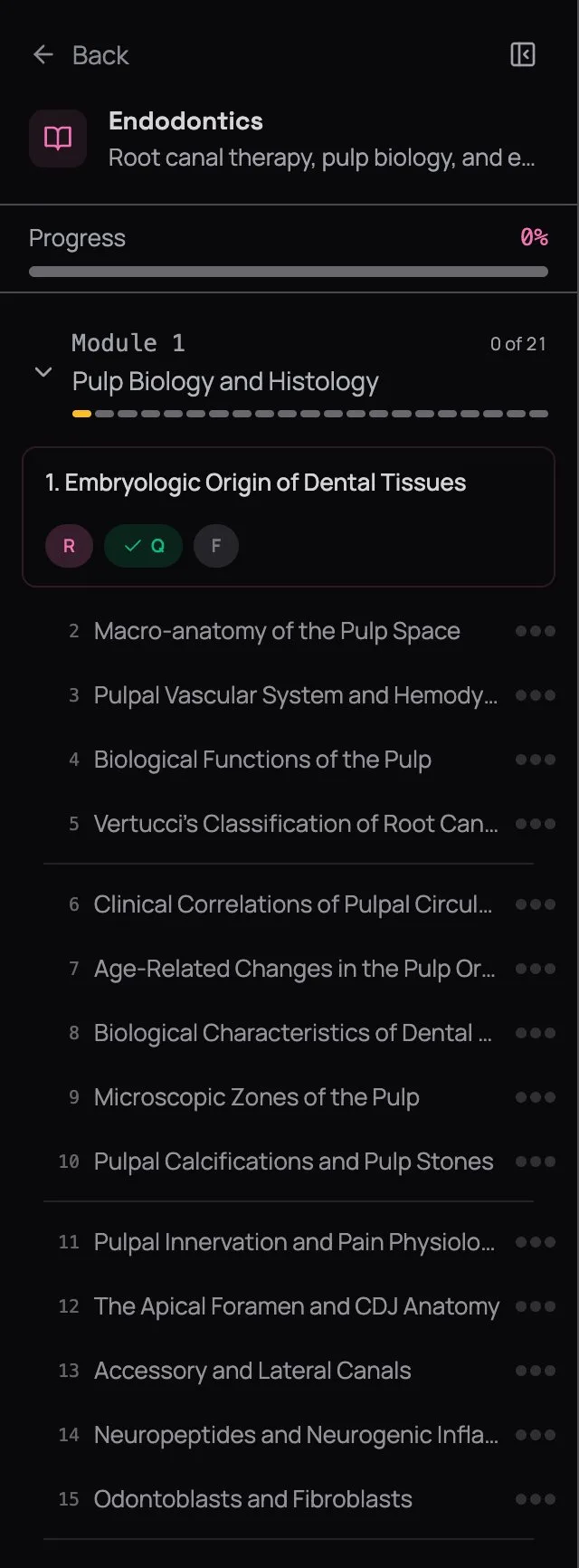 Subject progress card showing completion percentage, module list with lesson counts, and coloured R/Q/F dots next to each lesson indicating which activities — reading, quiz, flashcards — have been completed