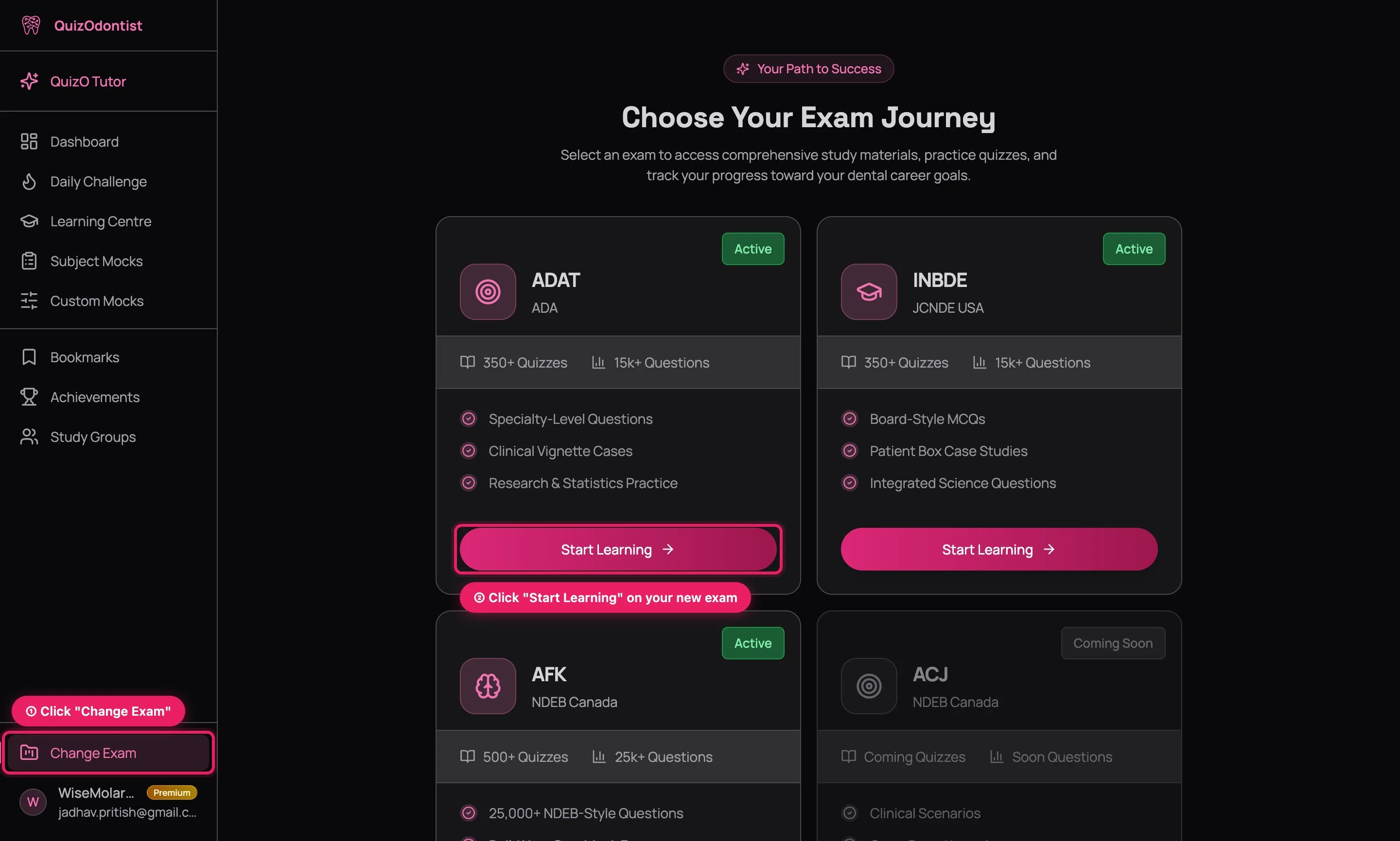 Exams page showing all exam cards with Change Exam highlighted in the sidebar